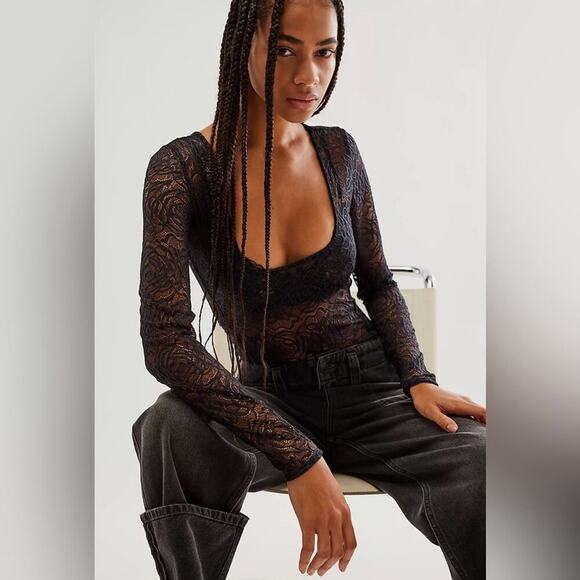 Free People Black Lace In My Head Bodysuit Size Small - Picture 1 of 5
